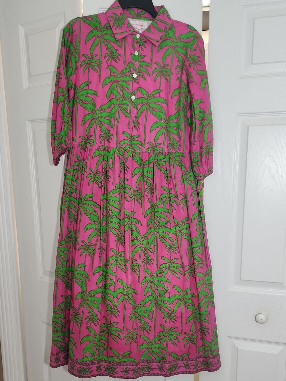 Mary Marshmello Palm Print Pink & Green Button-Front Dress XS 100% Cotton